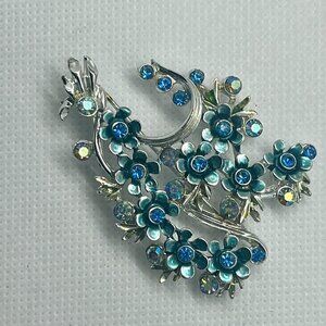 Vintage BSK Blue Floral Rhinestone Brooch Pin